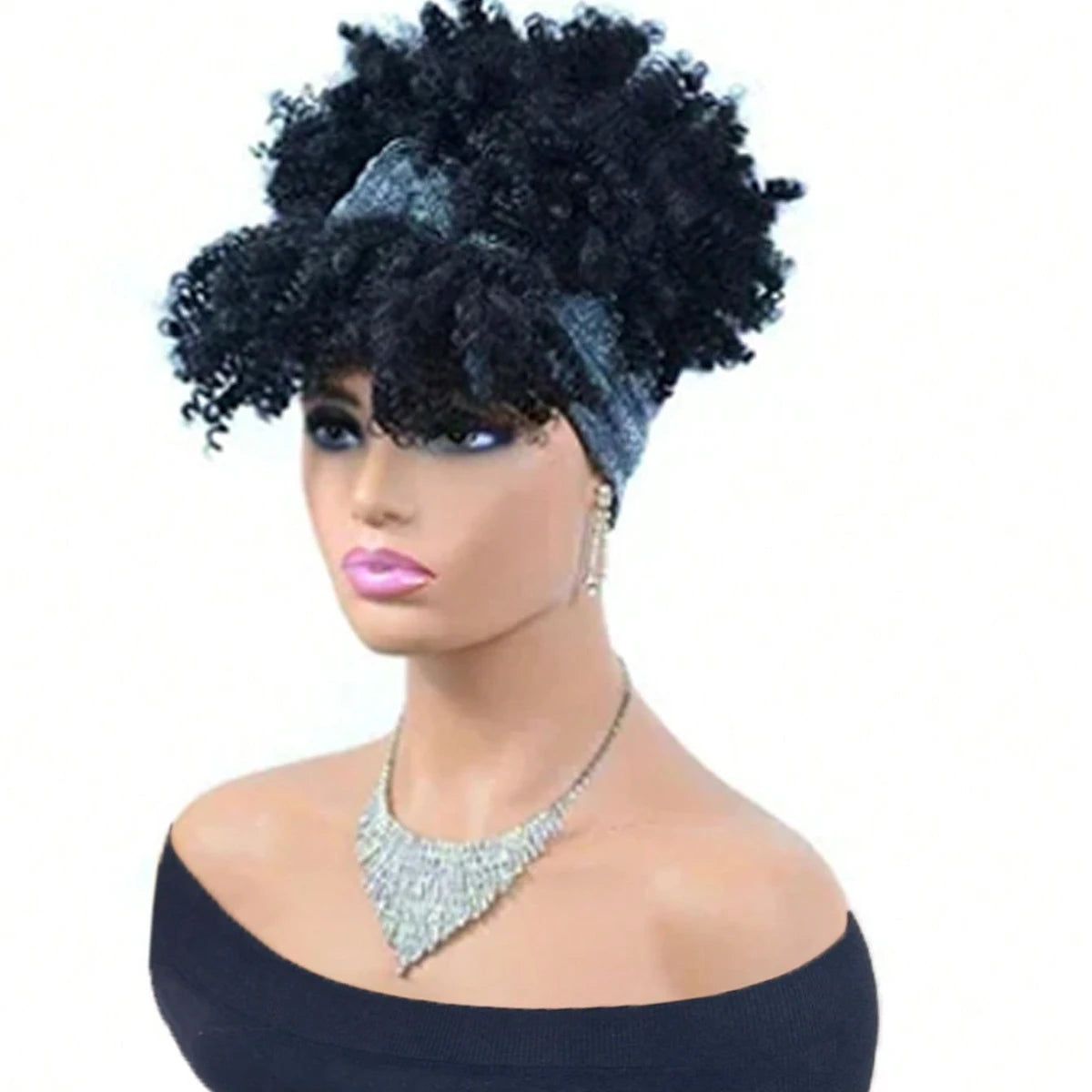 Pelucas de diadema negras para mujeres Peluca rizada afro con cabello sintético corto con diadema adjunta Pelucas con pañuelo para la cabeza