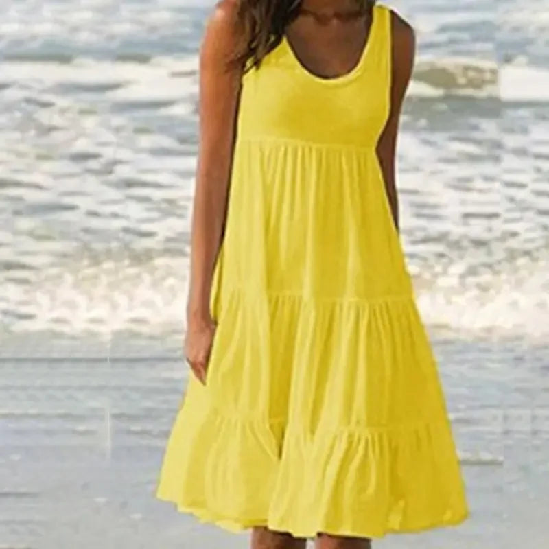 Vestido casual de mujer con cuello redondo, sin mangas, con volantes, minivestido boho liso para playa, vestido suelto oversize, verano 2024