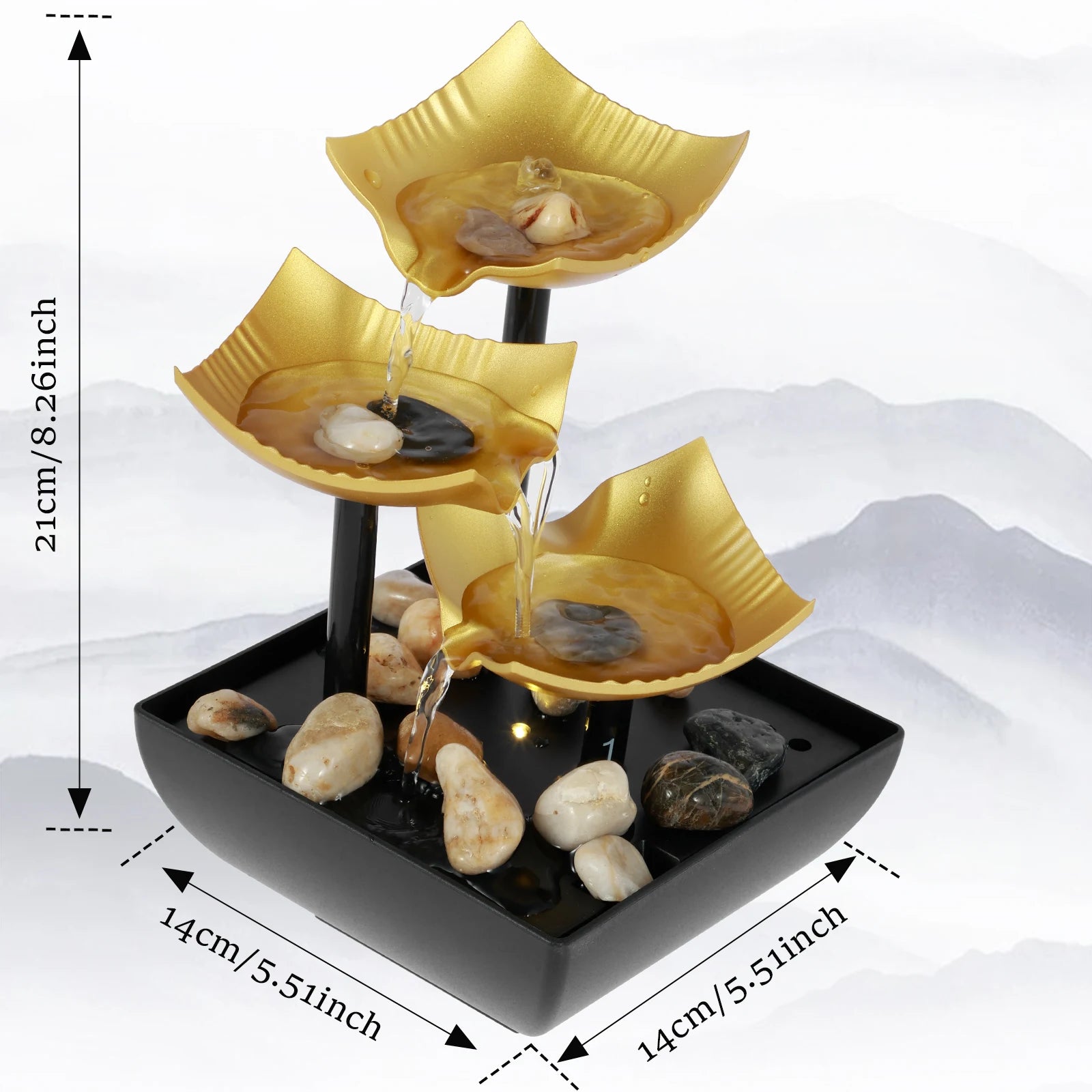Fontaine de table, petite fontaine cascade, décoration de bureau avec lumière et galets, alimentée par USB, son relaxant, fontaine décorative
