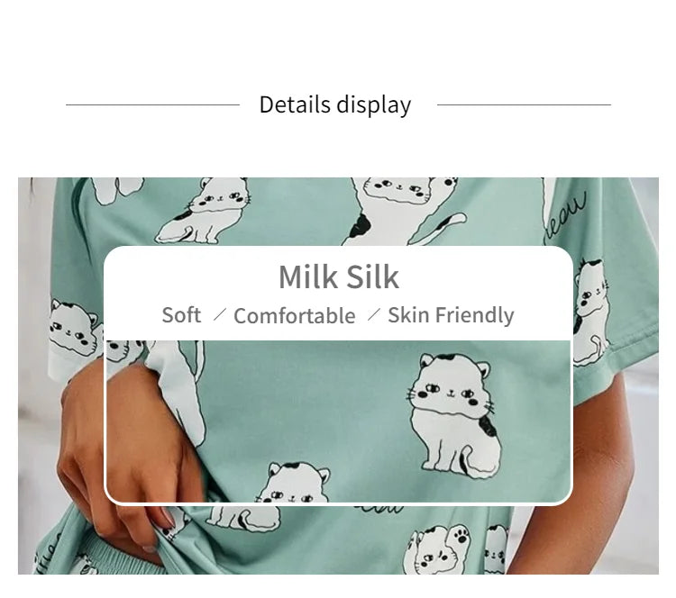 Pijamas de Mujer Conjuntos de Manga Corta Parte Superior y Pantalones Ropa de Dormir 2 Piezas Pjs Ropa de Casa Conjunto de Pijama Estampado de Dibujos Animados Ropa de Dormir