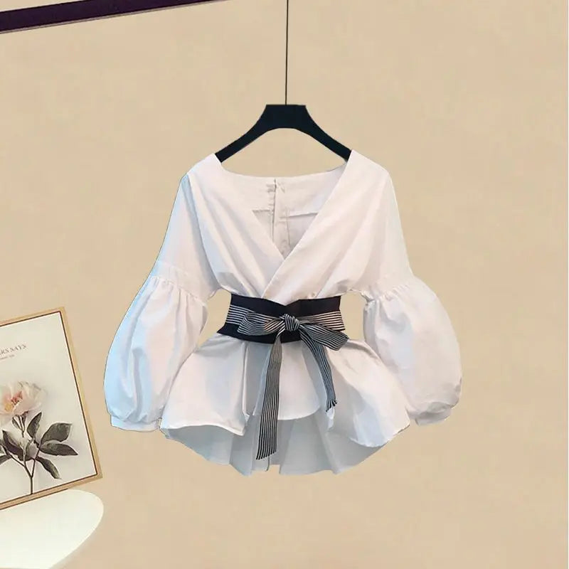 Conjunto de 2 piezas de falda y top, primavera verano casual, cuello en V, top holgado, conjuntos de falda, moda coreana, ropa de mujer