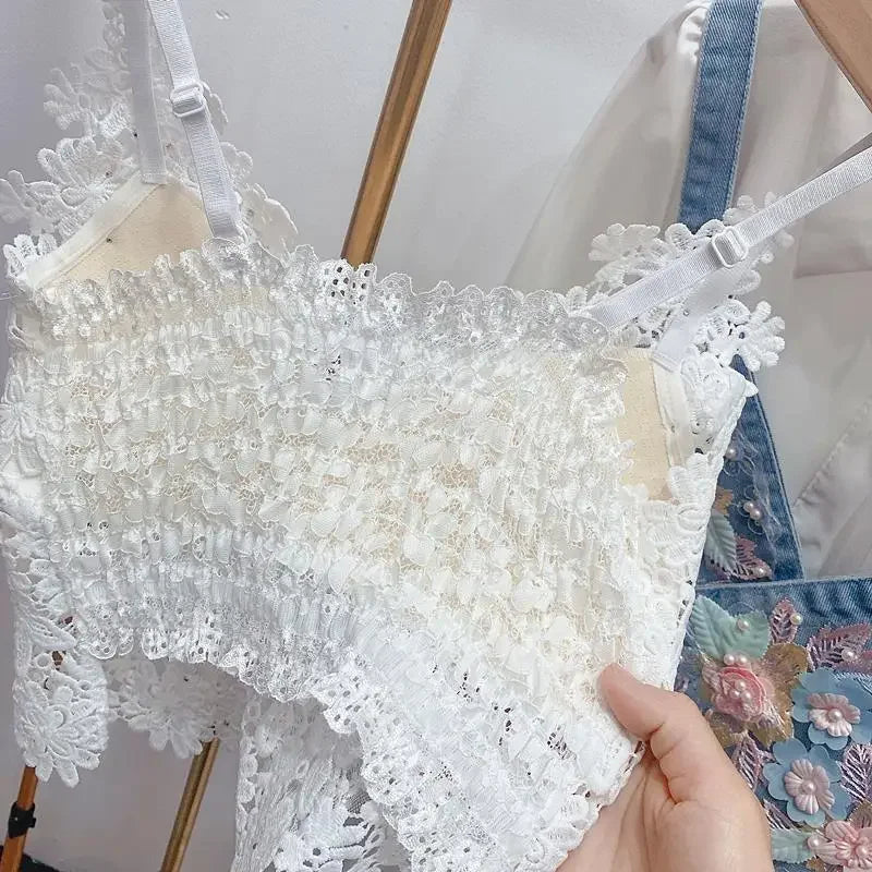 Ropa de mujer, top corto sexy con abalorios pesados y estampado floral, top de encaje de mariposa, top corto que deja el ombligo al descubierto, camiseta de tirantes de verano.