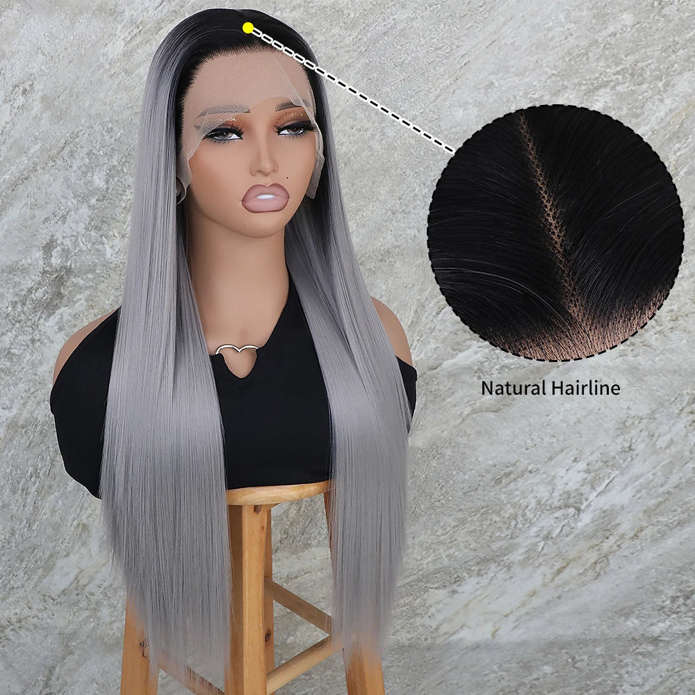 Dark Roots Gray Color Lace Front Wig 13x4 Free Part Long Straight Hair Synthetic Wigs Ombre Grey Pre Plucked Hairline Heat Safe