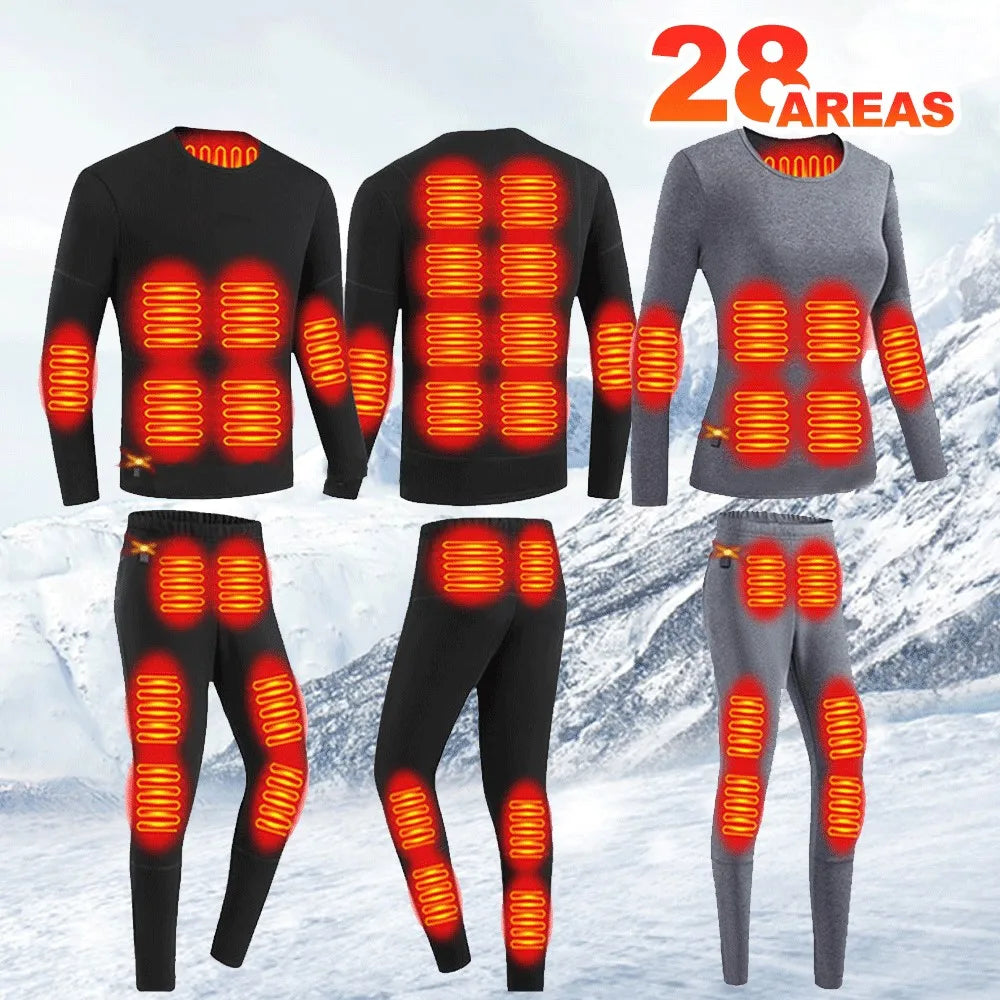 Heated Underwear 28 Areas Hiking Shirts Skiing Suites Tops Pant Men Women Thermal Underwear USB Heating Jacket Winter Clothing