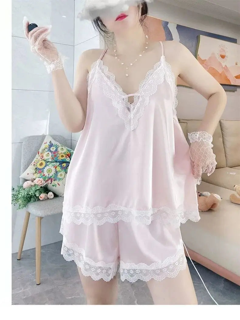 Conjuntos de pijama Y2K para mujer, ropa de hogar sexy de verano, talla grande, de seda fresca, suelta, elegante, con cuello en V y encaje, conjunto de dos piezas