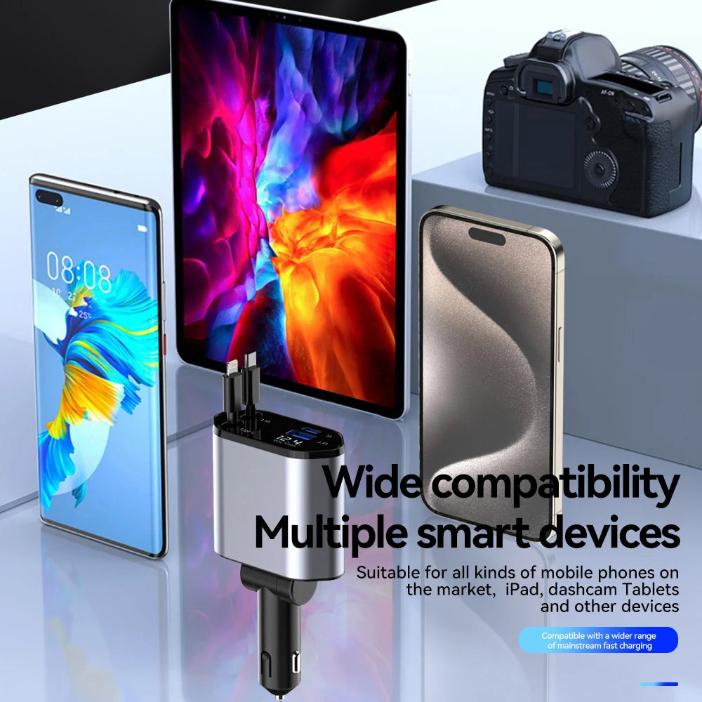 120W 4 in 1 Car Charger Retractable Car Cigarette Lighter Adapter USB Type C Fast Charger Cable For IPhone Xiaomi Huawei Samsung