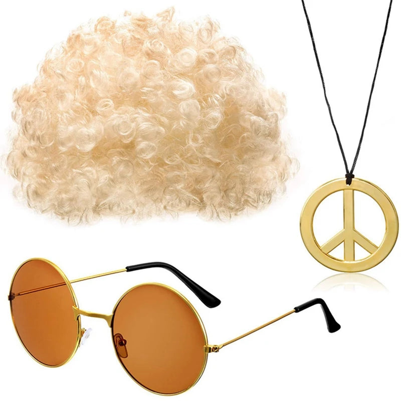 Perruque Synthétique Homme Chapeau Cheveux Bouclés Casquette Lunettes de Soleil Collier Set 3 Pièces Drôle Années 70 Disco Hippie Accessoires Cheveux Fête Costume de Danse Hip Hop