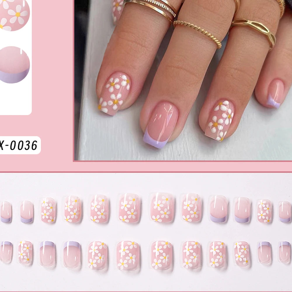 24 Pcs Uñas postizas cuadradas cortas estilo ataúd, uñas postizas francesas con brillo, uñas acrílicas de cubierta completa para mujer, puntas de uñas a presión tipo ballet