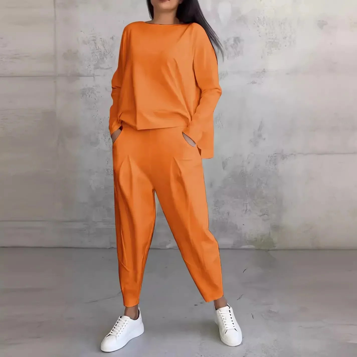 Conjuntos de dos piezas de pantalón para mujer, tops lisos de manga larga, cuello redondo, casual, pantalones largos de cintura media, bolsillos, elegante regular