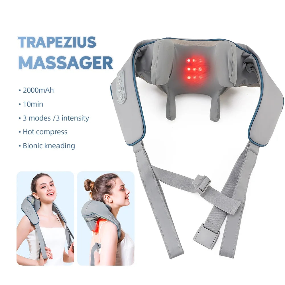Chal de masaje eléctrico amasador de hombros, masajeador inalámbrico automático de cuello y espalda, almohada de masaje relajante para los músculos de la espalda y el trapecio.
