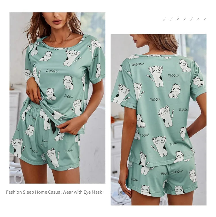 Pijamas de Mujer Conjuntos de Manga Corta Parte Superior y Pantalones Ropa de Dormir 2 Piezas Pjs Ropa de Casa Conjunto de Pijama Estampado de Dibujos Animados Ropa de Dormir