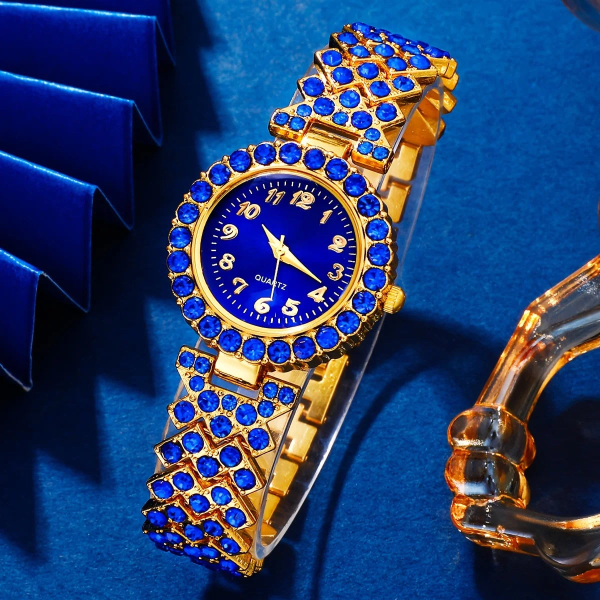 Juego de joyas y relojes elegantes para mujer de 6 piezas, reloj de cuarzo con esfera de diamantes de imitación azules para mujer, juego de relojes y joyas femeninos