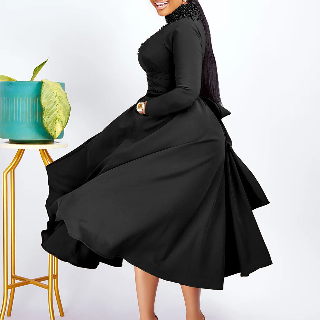 Vestido Elegante Africano para Mujer, Vestidos de Noche con Cuello Alto y Cuentas a la Moda, Vestido Delgado de Temperamento para Mujer, Vestidos Casuales de Manga Larga