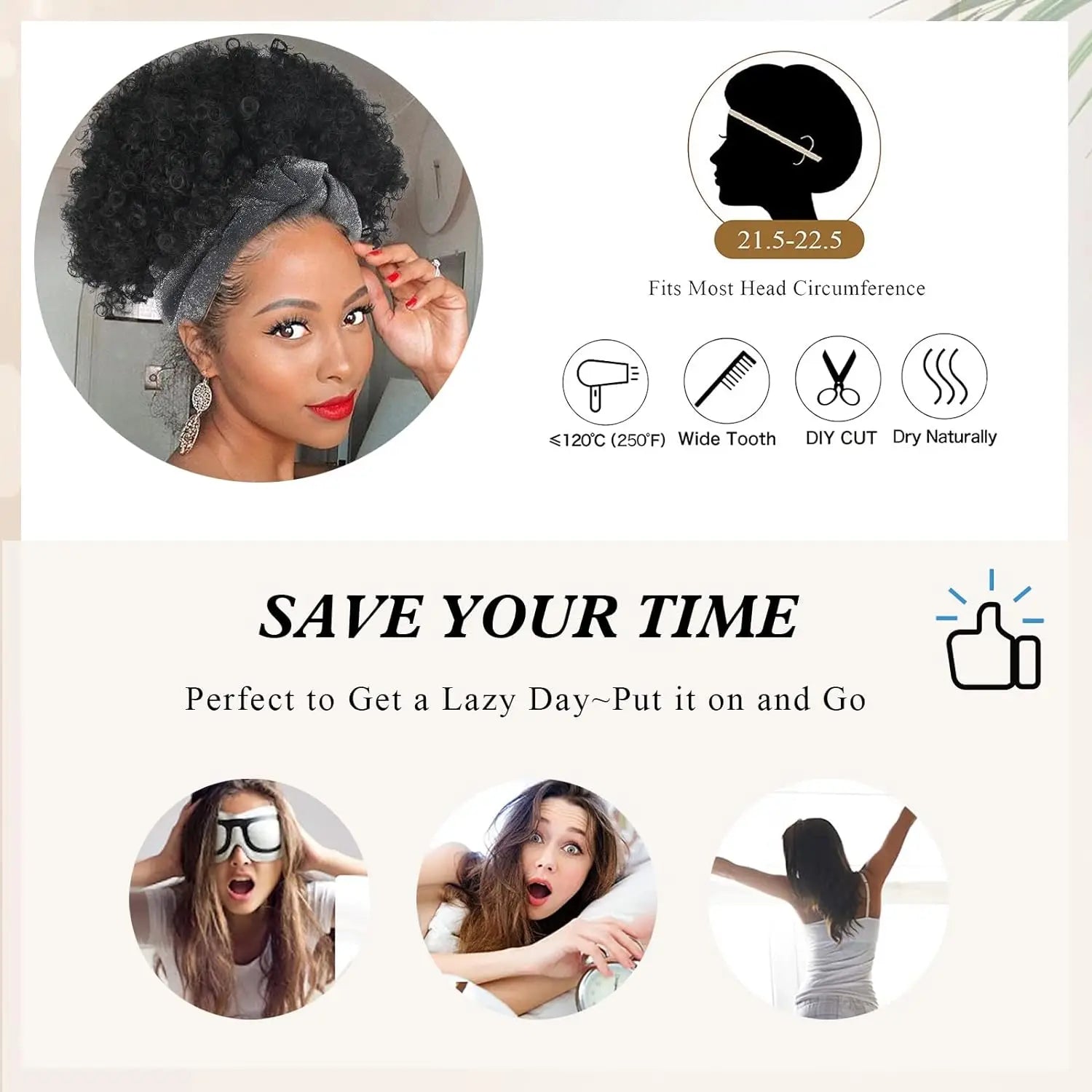 Short Ombre Headband Wig Kinky Curly Headband Wig with Bangs for Women Synthetic Afro Curly Wig with Headband Attached Blonde Ki