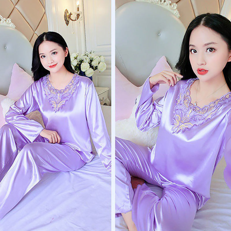 Women's Pajamas Set Summer Long Sleeve And Pants Pyjamas Two-piece Set Pajama Ice Silk Satin Sexy Sleepwear Home Suit Loungewear