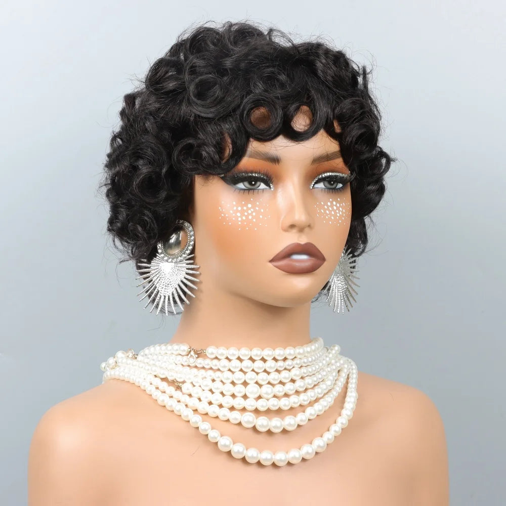 Short Layered Pixie Cut Curly Wigs With Bangs Human Hair Wigs For Black Women Short Curly Pixie Cut Wig Human Hair Machine Made