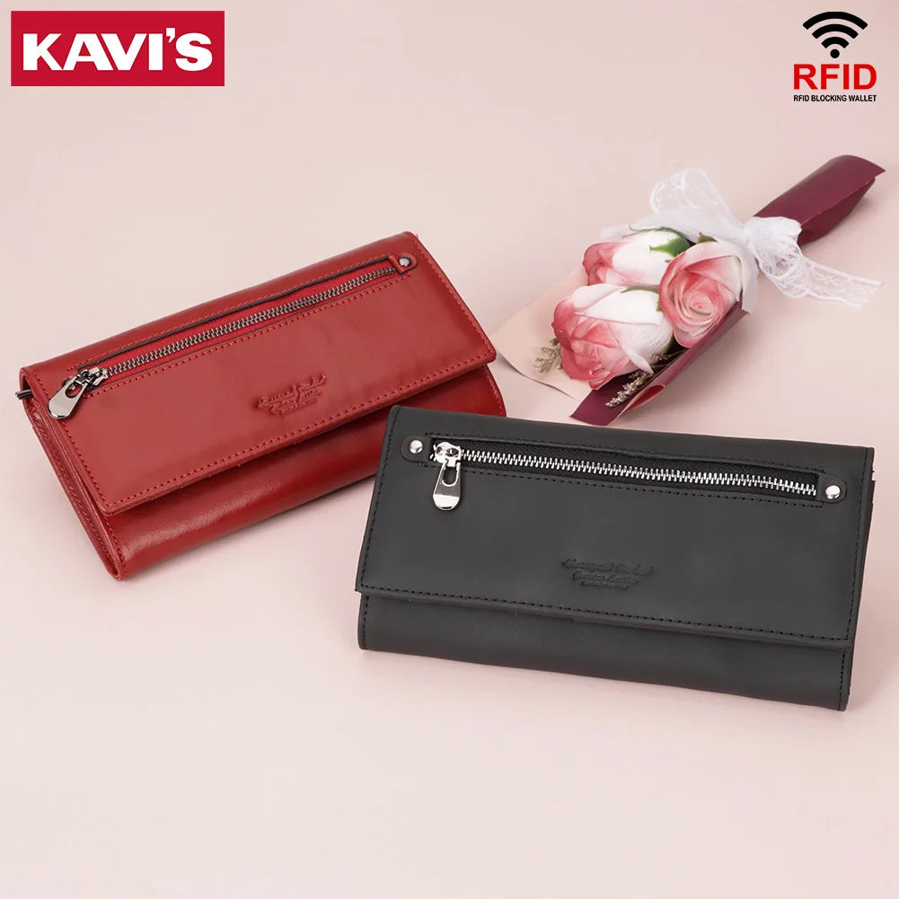 Portefeuille de luxe pour femme, en cuir véritable, avec emplacements pour cartes RFID, porte-monnaie multifonction