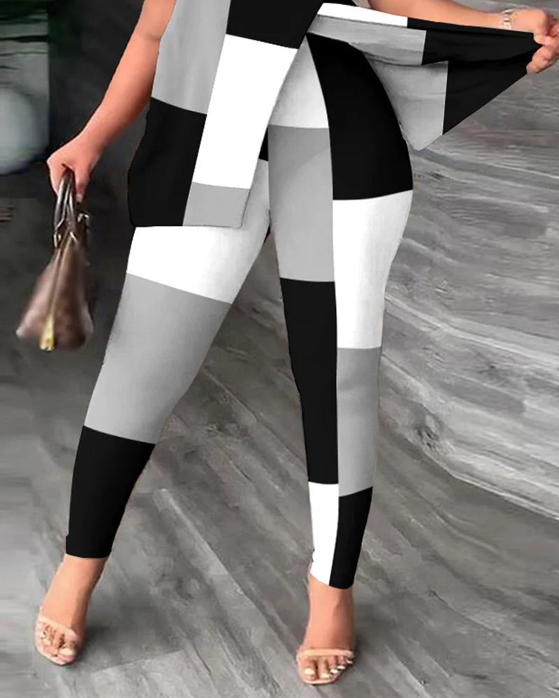 Conjuntos de dos piezas elegantes para mujer, nueva moda, estampado, top de manga con volantes, conjunto de pantalones de color sólido con cinturón, blusas, ropa femenina