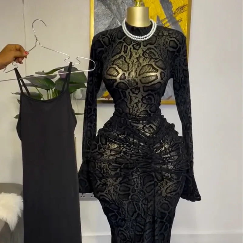 Ropa de mujer primavera nuevo estilo temperamento cuello semi alto encaje manga larga con cintura falda de un solo paso falda larga