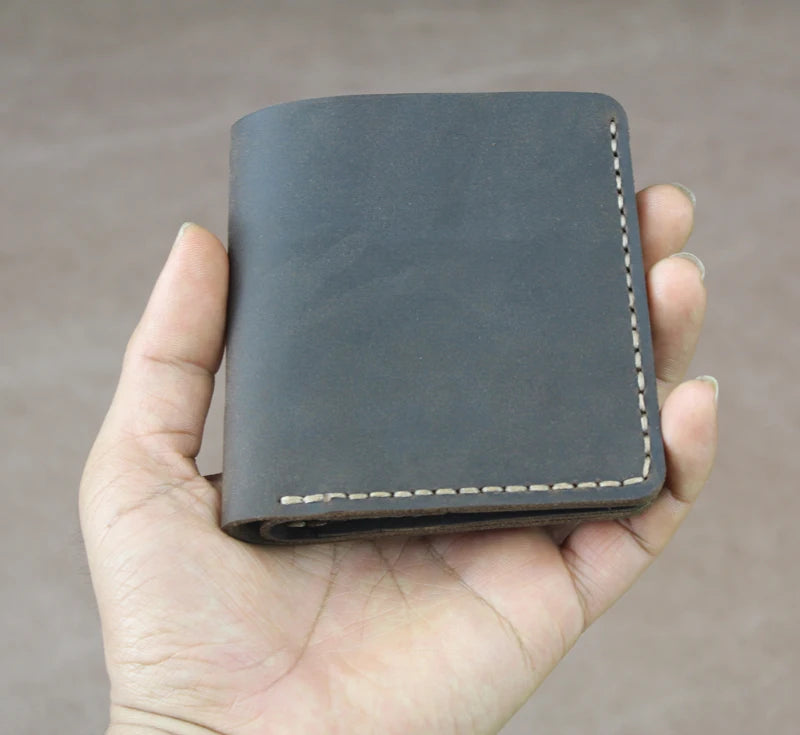 Cartera de lujo hecha a mano de cuero genuino Crazy Horse para hombre, cartera pequeña de cuero para hombre, monedero corto con clip para billetes, bolsa para dinero, café negro
