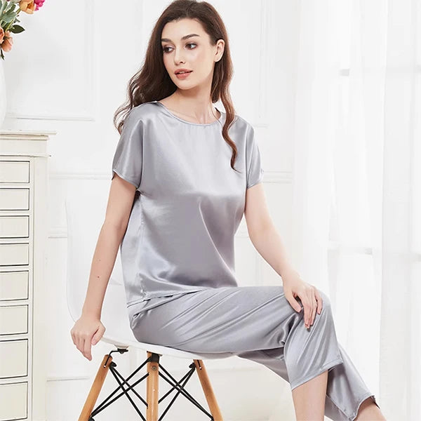 Conjunto de pijama de 2 piezas para mujer, pantalones capri, top de manga corta, seda de morera de 19 mommes, ropa de dormir, pijamas, ropa de estar por casa M-3XL