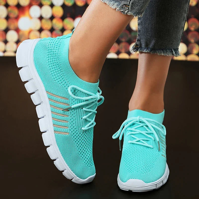Green Soft Sole Knit Walking Shoes for Women Comfortable Breathable Mesh Sneakers Woman Plus Size Lightweight Casual Flats