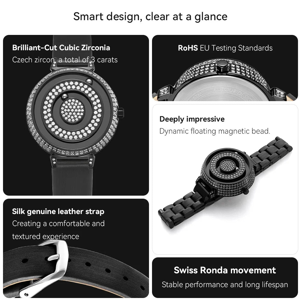 Reloj Magnético EUTOUR para Mujer con Diamantes | Cuarzo Impermeable | Correa de Lujo de Acero Inoxidable | Elegancia del Día a la Noche