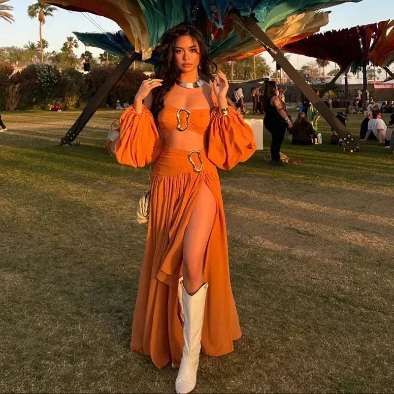 Sexy Bikini Top Skirt Set Women Long Lantern Sleeve Off Shoulder Cropped Tops Pleated Split Skirts 2025 Summer Lady Beach Outfit