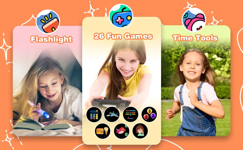 Montre intelligente de jeux pour enfants de 5 à 12 ans, cadeaux pour enfants avec 26 jeux amusants, prise de photos, lecteur de musique, podomètre, lampe de poche, etc.