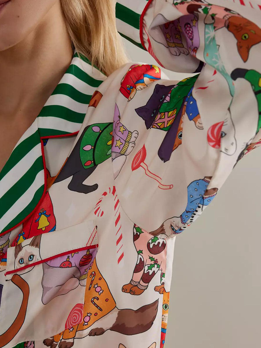 Conjunto de pijama de mujer con estampado de animales y comida, tops de manga larga con botones y pantalones, ropa de dormir para estar en casa