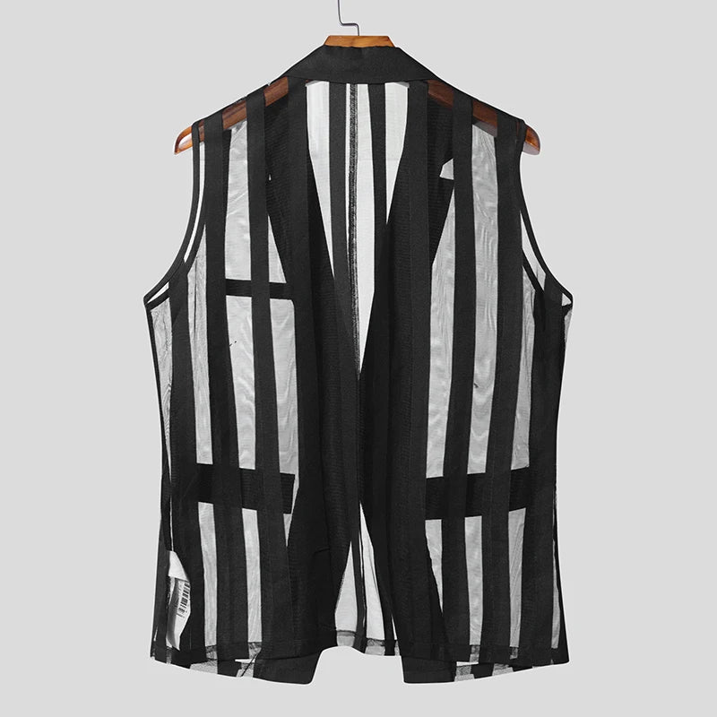 Men Vests Mesh Striped Transparent Sexy Lapel Sleeveless One Button Male Waistcoats Streetwear 2025 Fashion Casual Vests INCERUN