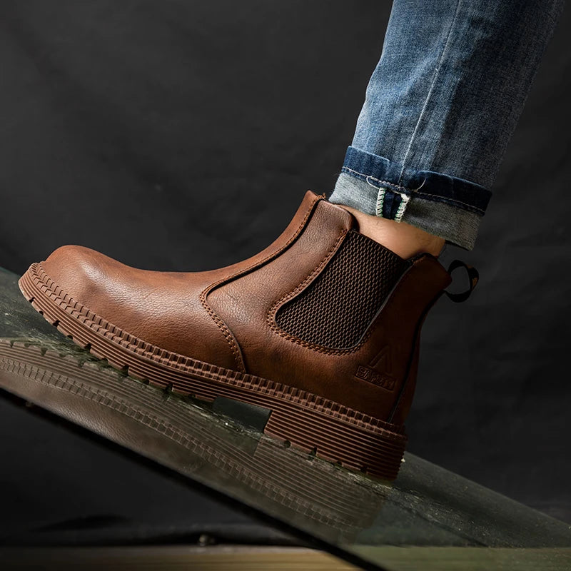Zapatos de seguridad impermeables para hombre, botas de cuero con punta de acero, calzado masculino, botas de trabajo de construcción indestructibles, color marrón