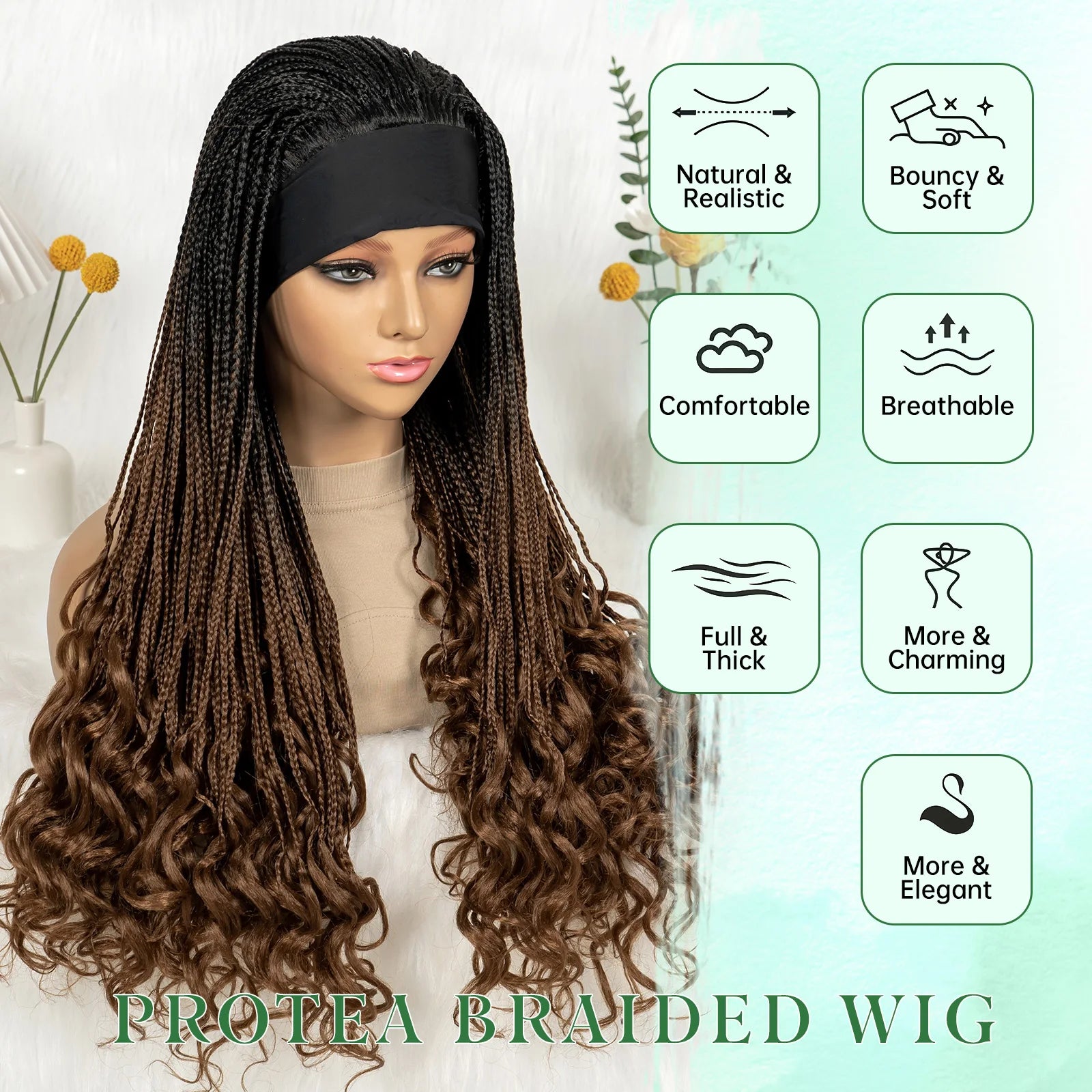 Silk Headband Wig Braided Wigs with Curly Ends Headband Wigs Knotless Braided Wig Easy to Wear for Black Women