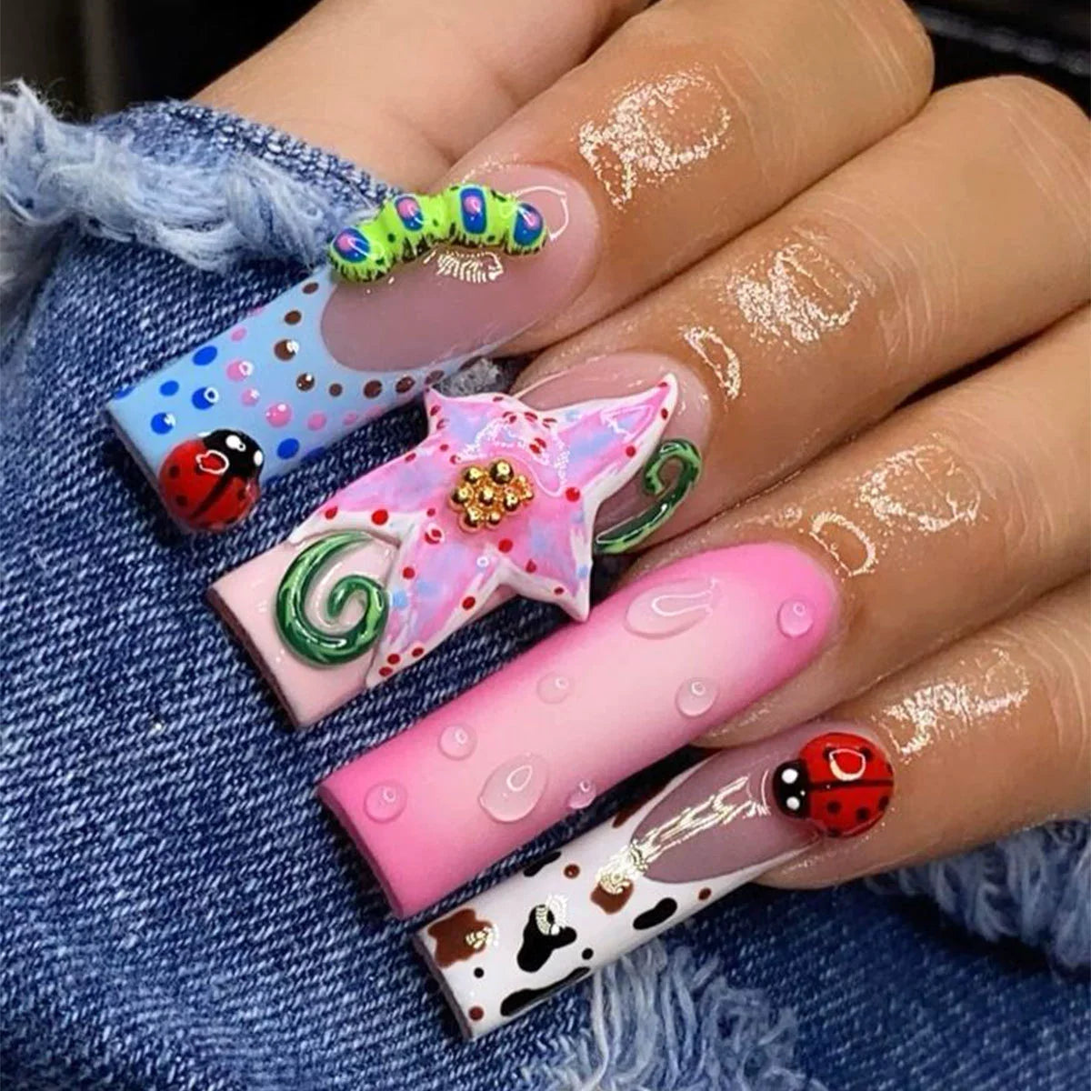 24 Uñas postizas largas a presión, de cobertura completa, con diseño de mariposa francesa, forma de ataúd, purpurina, pequeños diamantes, manicura portátil, puntas de uñas artificiales