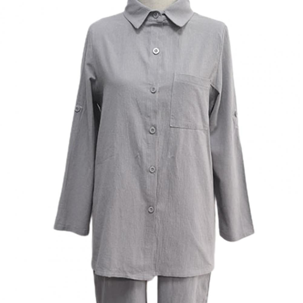 Women Pants Blouse Set Long Sleeve Solid Color Single-breasted Turn-down Collar Shirt Wide Leg Pants Suit Shirt Trousers Set