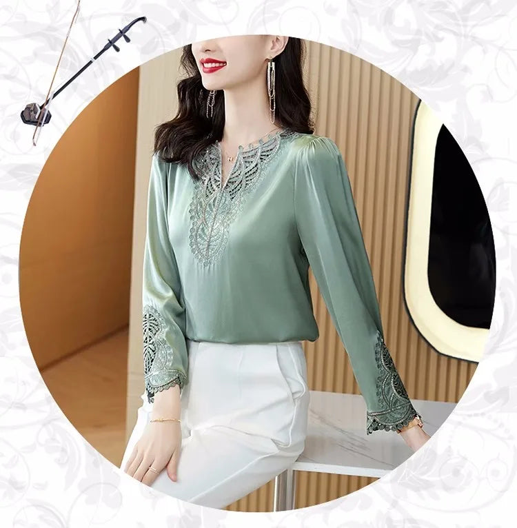 Moda Mujer Blusas de Seda Primavera Otoño Camisas de Manga Larga Bordadas Elegantes Tops de Diseño Retro para Oficina