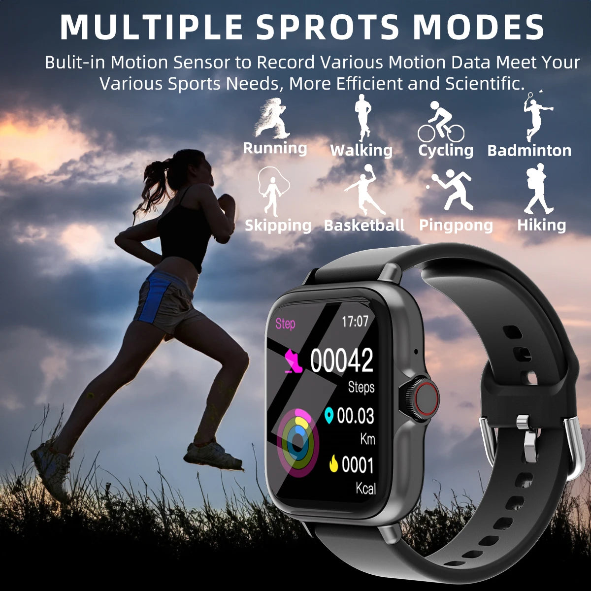 1,83'' Vanntett Smartklokke med Meldingssvar Anrop Søvnovervåking Sports Skritteller Informasjonsvarsler For iPhone Android