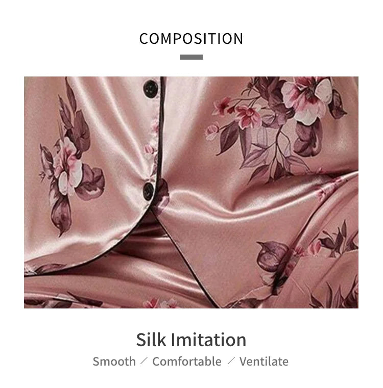 Pijama de satén elegante para mujer, conjunto de pijama con estampado floral, top de manga corta con botones y solapa, y pantalón largo para dormir o estar en casa
