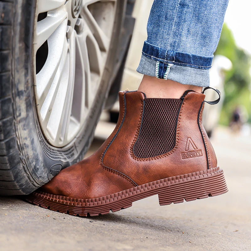 Zapatos de seguridad impermeables para hombre, botas de cuero con punta de acero, calzado masculino, botas de trabajo de construcción indestructibles, color marrón