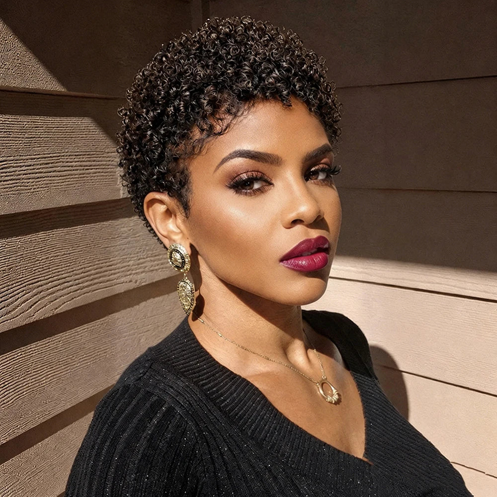 Afro Short Kinky Curly Wig Pixie Cut Wigs Human Hair for Black Women Bazilian Hair Machine Made Cap Natural Black/Burgundy/Brown
