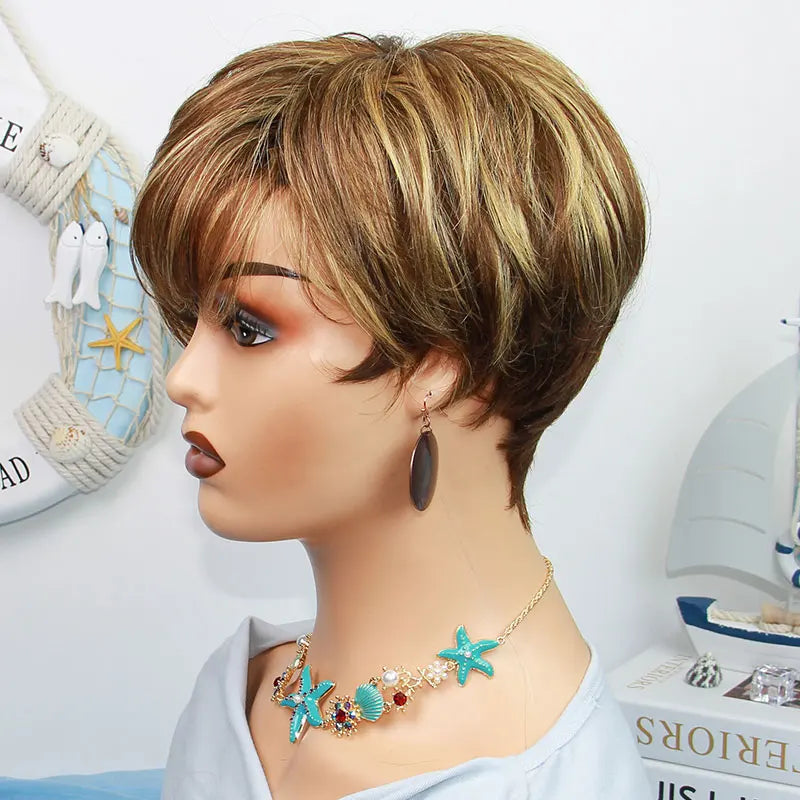 Short Straight Human Hair Wigs Highlight Color Brazilian Remy Hair Pixie Cut Wig Cheap Human Hair Machine Wig For Black Women