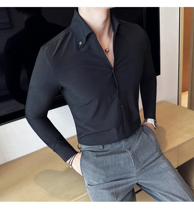 Camisa de vestir de hombre Otoño Estilo británico Liso Casual Ajustado Formal Camisas Cuello en V Manga Larga Camisa Ropa de hombre Streetwear