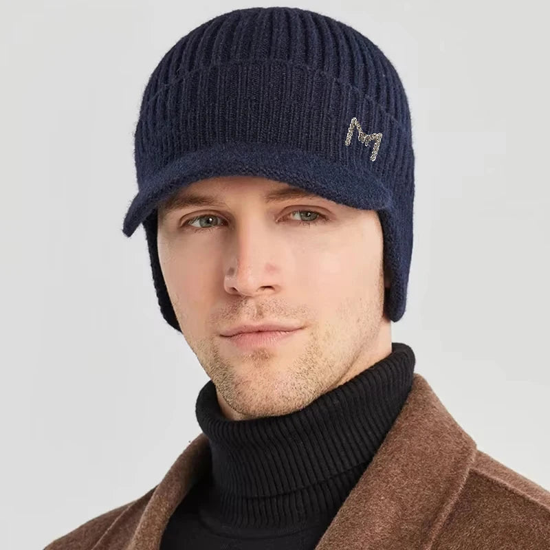Gorro de invierno de punto cálido con ala y orejeras, gorro tipo boina cálido forrado de vellón para exteriores para hombres y mujeres, adecuado para viajes diarios