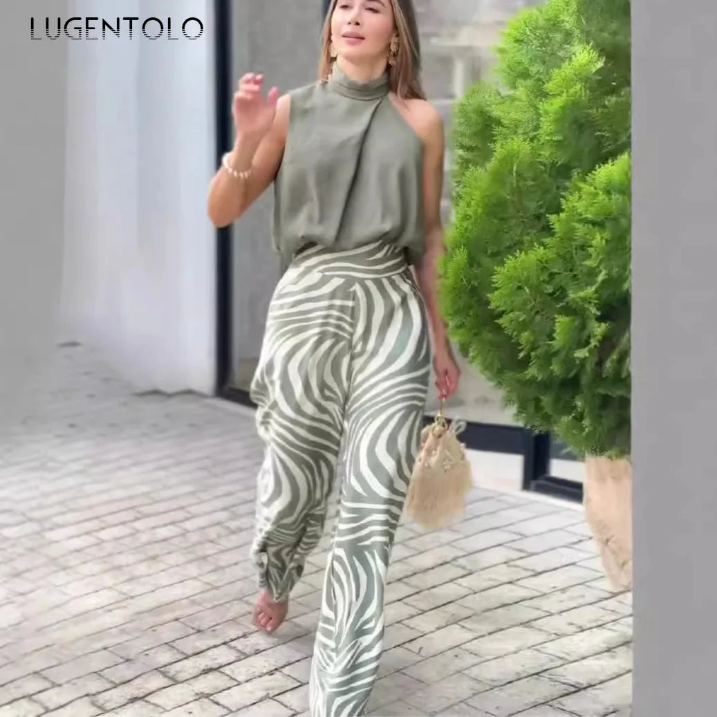 Women Fashion Halter Top Wide-leg Pants Set New Summer Sexy Sleeveless Blouse Office Lady Elegant Casual Trousers Two-piece Sets