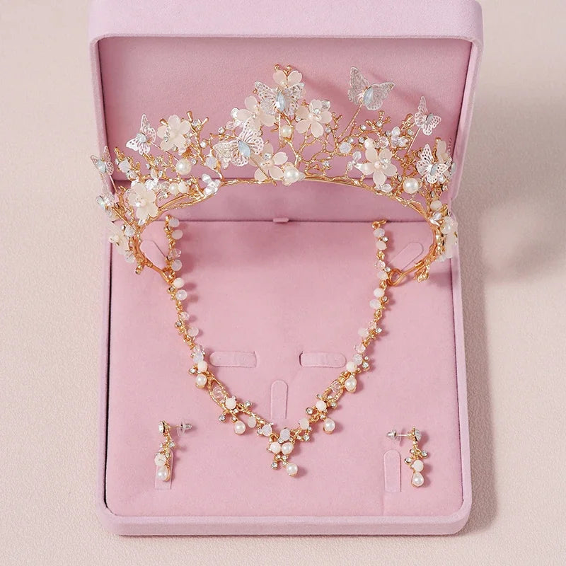 Juegos de joyas nupciales, corona, collar, pendientes, paquete de cuatro, color plateado, moda femenina, tiaras de boda (sin cajas)