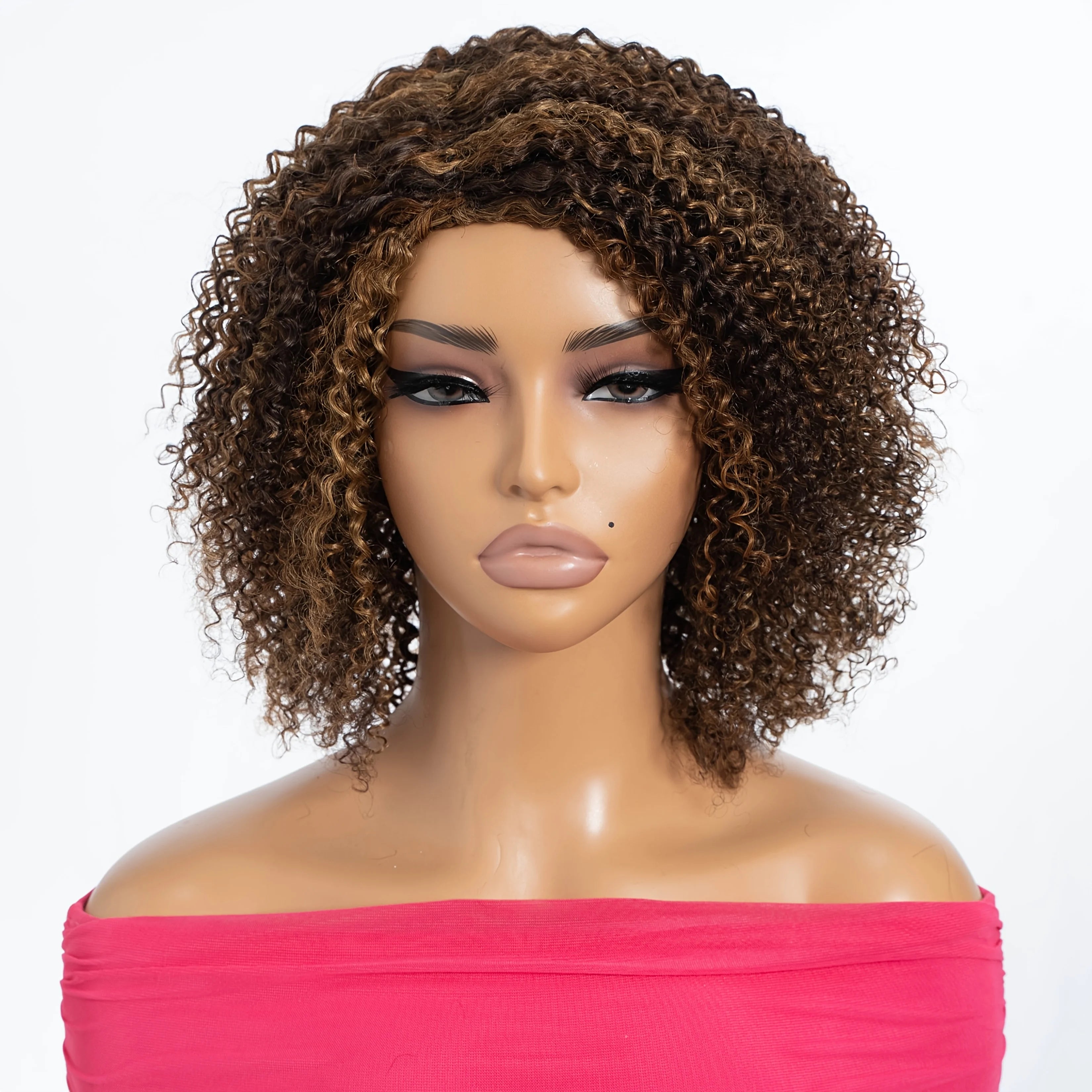 Highlight Short Kinky Curly Human Hair Wigs with Bangs Glueless Wig Brazilian Remy Short Curly Bangs Wig Human Hair for Women