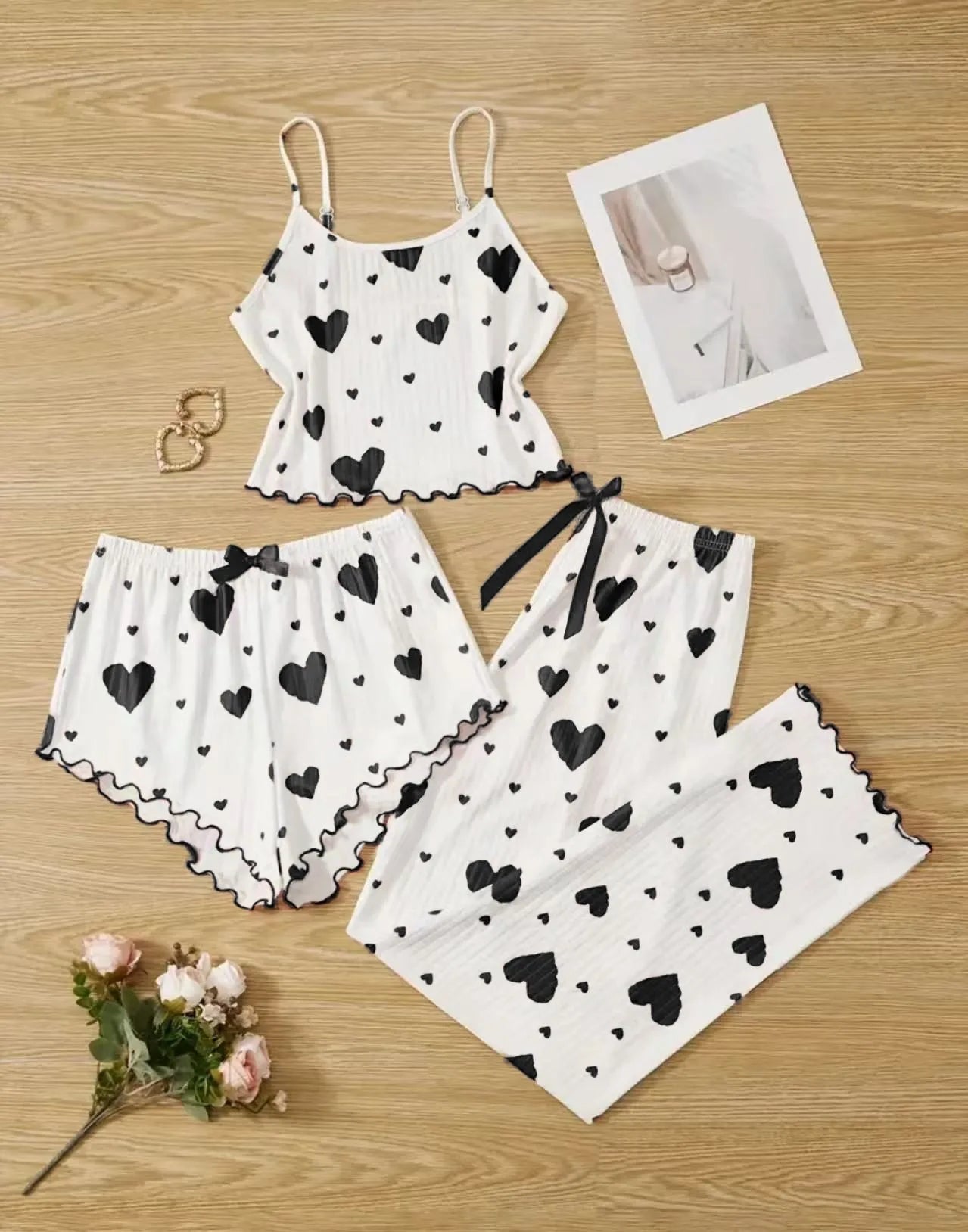 Ropa de dormir para mujer, conjuntos de pijamas de otoño e invierno, chaleco sin mangas con estampado de corazón y pantalón largo, conjunto de lencería sexy y pijamas