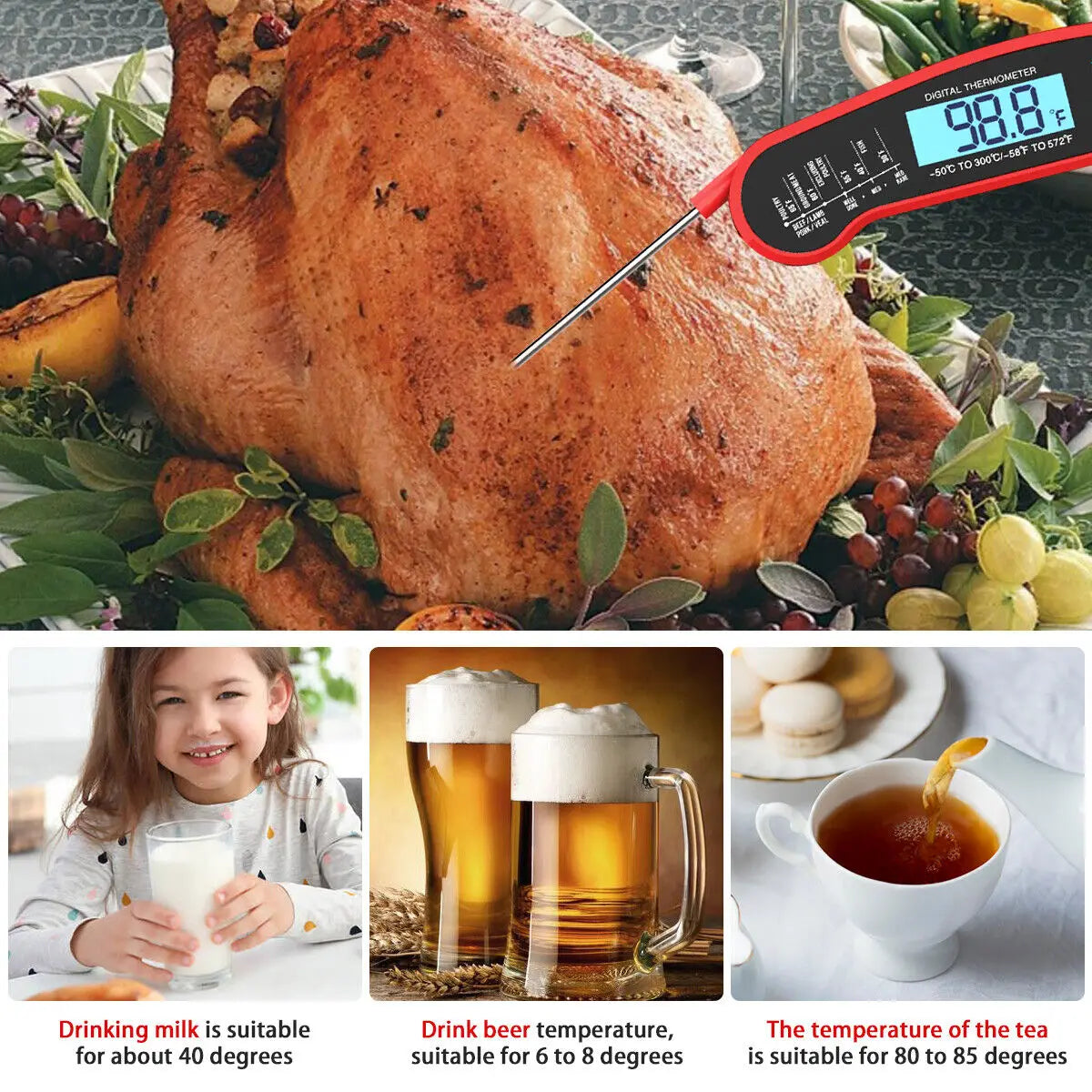 Termómetro digital de cocina para carne, agua, leche, cocina, parrilla exterior, barbacoa, impermeable, lectura instantánea