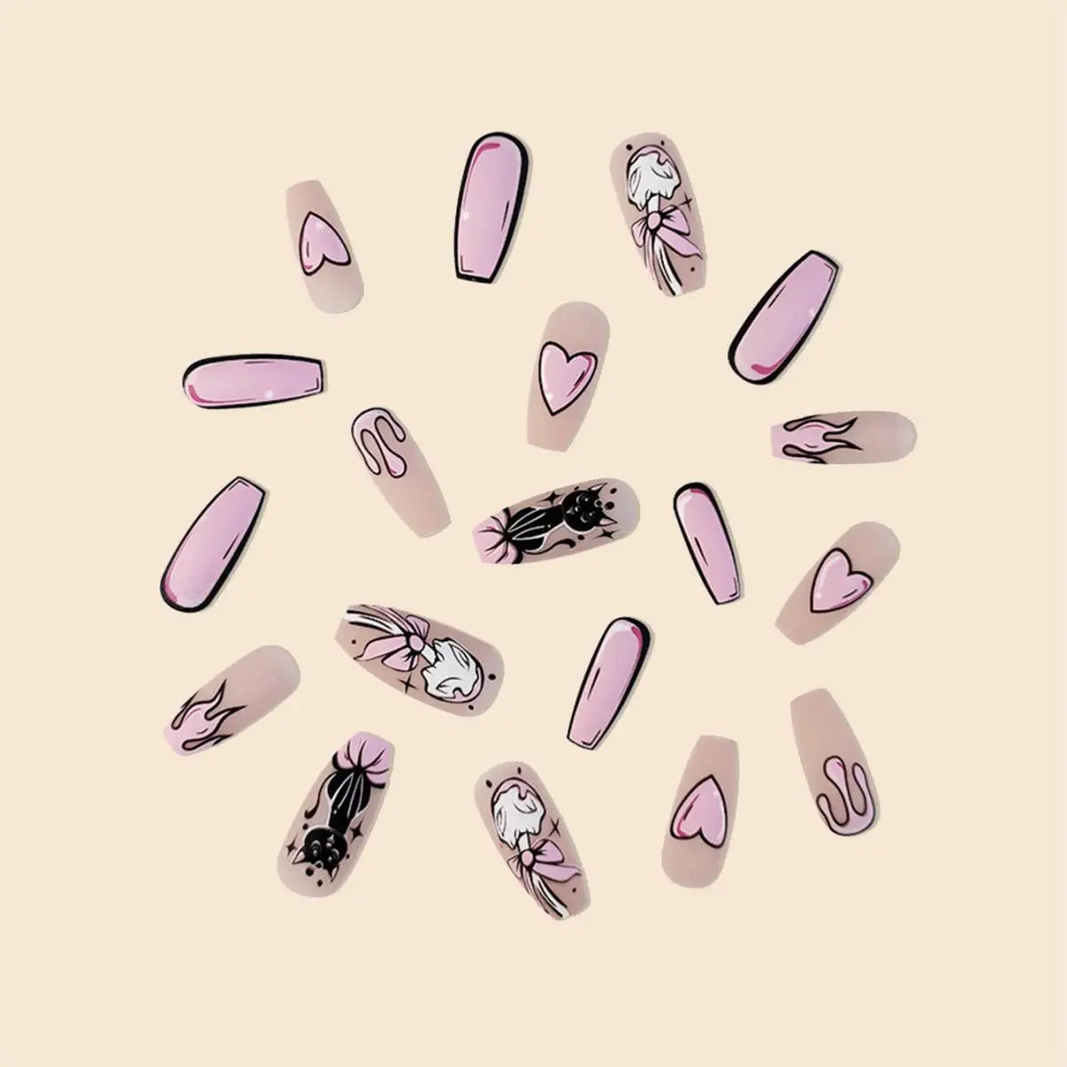 24 piezas/set de uñas postizas largas con estampado de dibujos animados de gato, corazón francés geométrico, rosa, cobertura completa, para llevar, prensa sobre uñas