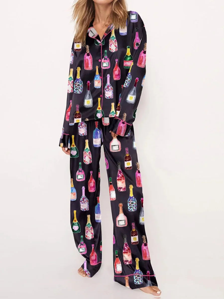 Conjuntos de pijamas de satén para mujer, 2 piezas, botella de champán, copas de vino, camisa de manga larga con botones, pantalones, ropa de satén de seda para estar en casa
